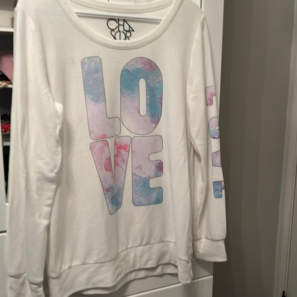 Chaser White Sweatshirt with Pastel Tie-Dye "LOVE" Graphic